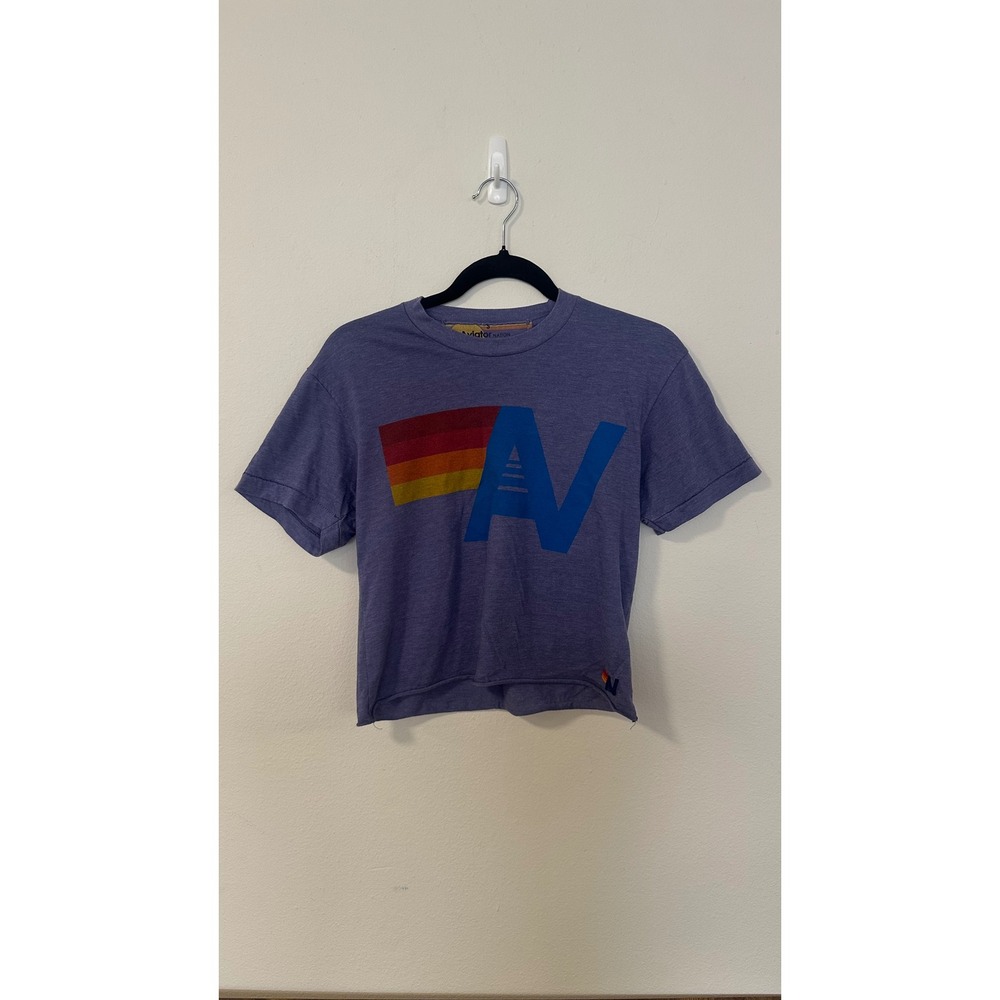 Aviator Nation Womens Purple Rainbow Logo Cropped Graphic T-Shirt Small
